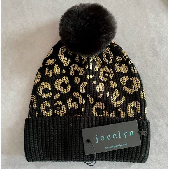Jocelyn Black Beanie with Pompom Gold Metallic Foil Leopard Print Womens OS - Picture 1 of 8